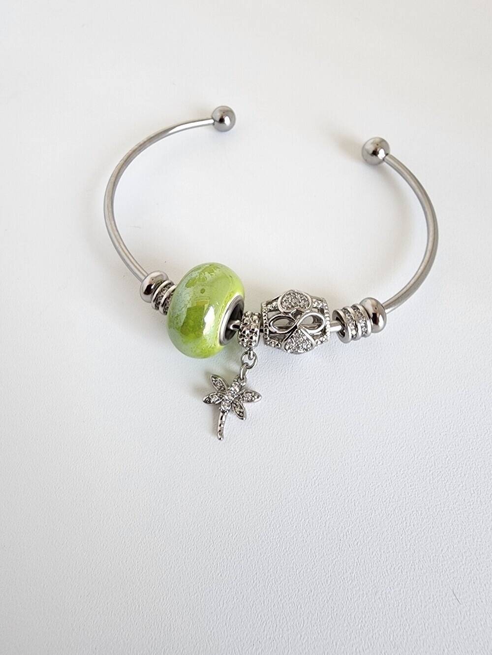 Silver Tone Bangle Bracelet Green Murano Glass Bead Dragonfly Can Add Charms
